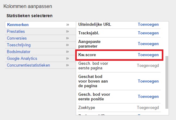 kwaliteitsscoe toevoegen